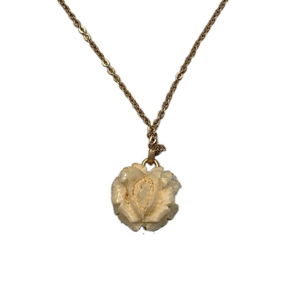 Vintage 1940s Carved White Rose Pendant Necklace on Krementz Chain 18"